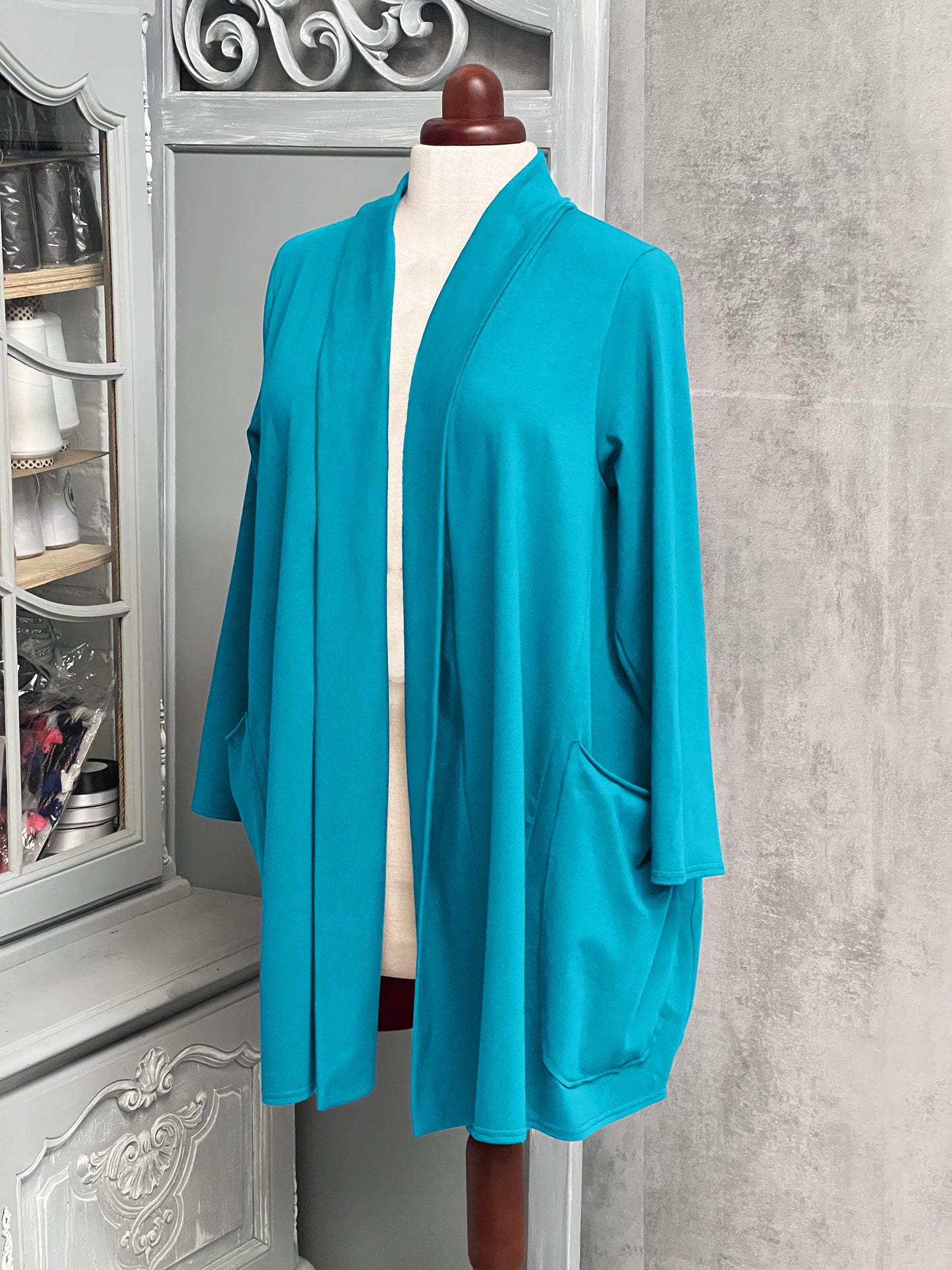 Plus Size Cotton Jersey Loose Longer Cardigan with Pockets  [L1436_TURQUOISE2]