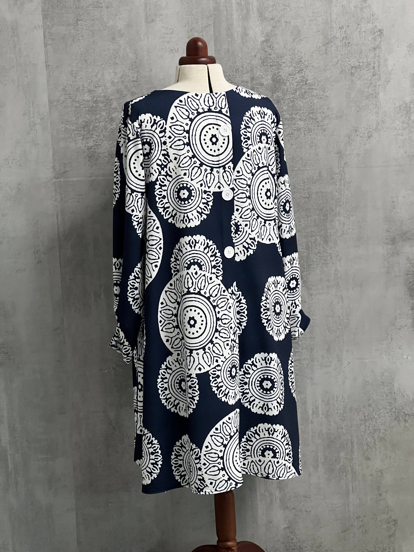 Plus Size Swing Draped Detailed Dress Tunic With Buttons Long Sleeve [L1323_NAVY1]