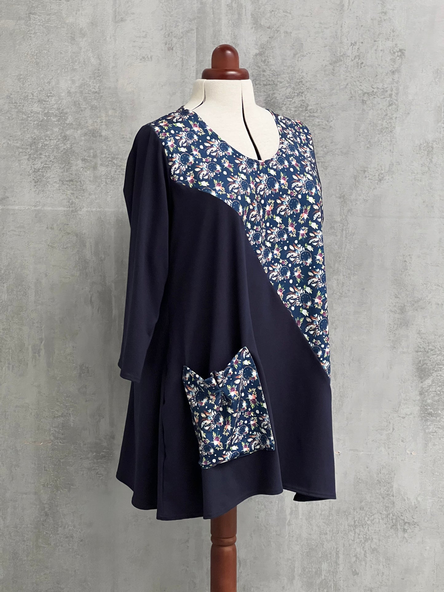 Plus Size Cotton Jersey Swing Longer Top 3/4 Sleeve [L1326_NAVY1]