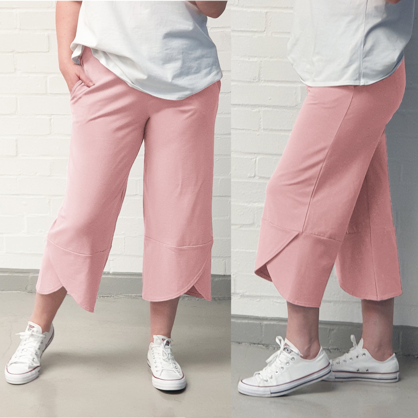 Plus Size Cotton Jersey Wide Leg Cropped Trousers  [L1270_BABYPINK]