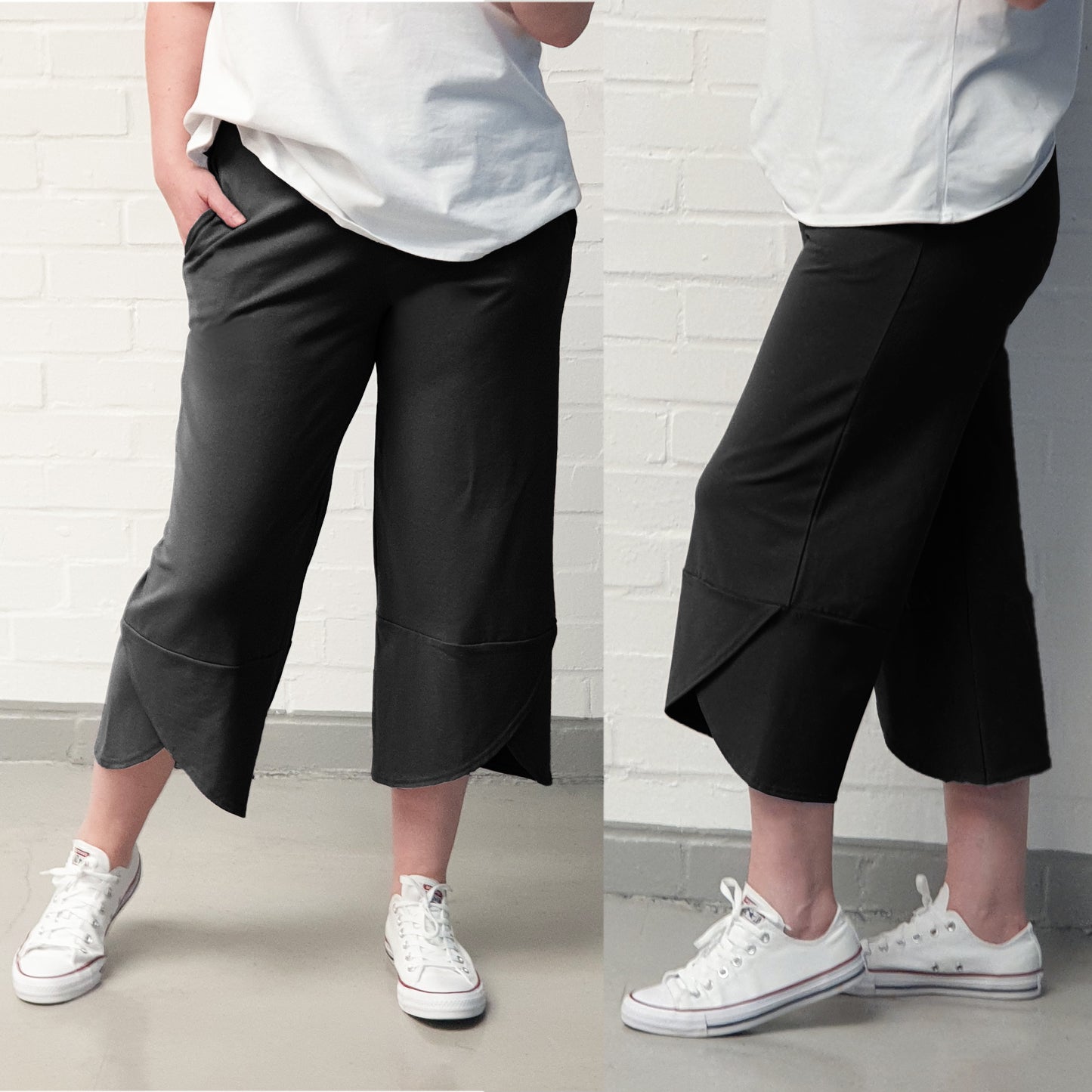 Plus Size Cotton Jersey Wide Leg Cropped Trousers  [L1270_BLACK]