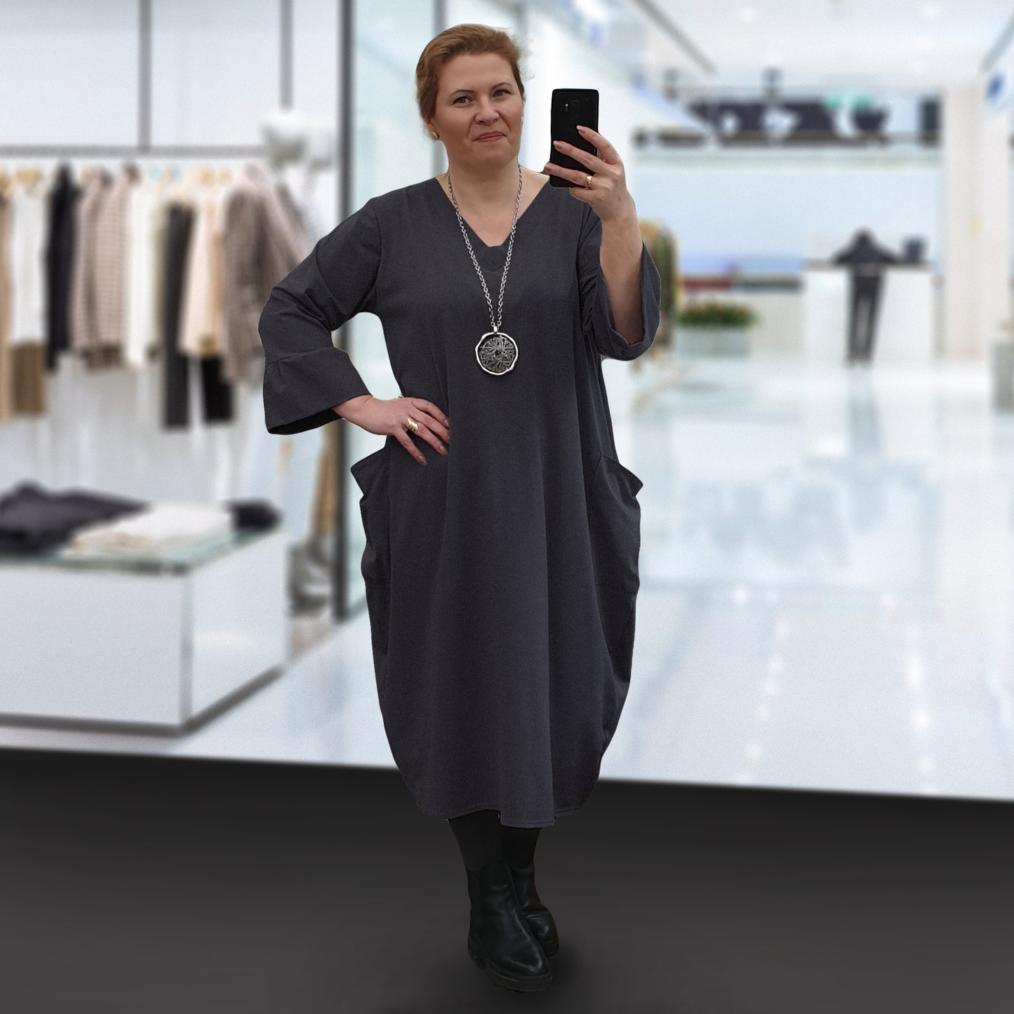 Plus Size Cotton Jersey Loose V-neck Dress with Pockets [L1239_GRAPHITE]