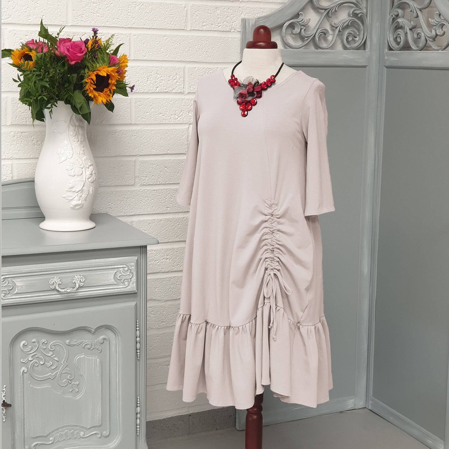 Plus Size Cotton Jersey Swing Dress with Frill [L1271_IVORY]