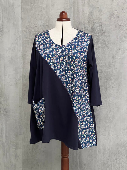 Plus Size Cotton Jersey Swing Longer Top 3/4 Sleeve [L1326_NAVY1]