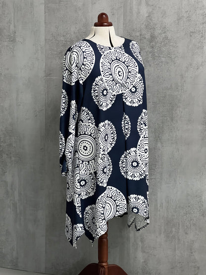 Plus Size Swing Draped Detailed Dress Tunic With Buttons Long Sleeve [L1323_NAVY1]