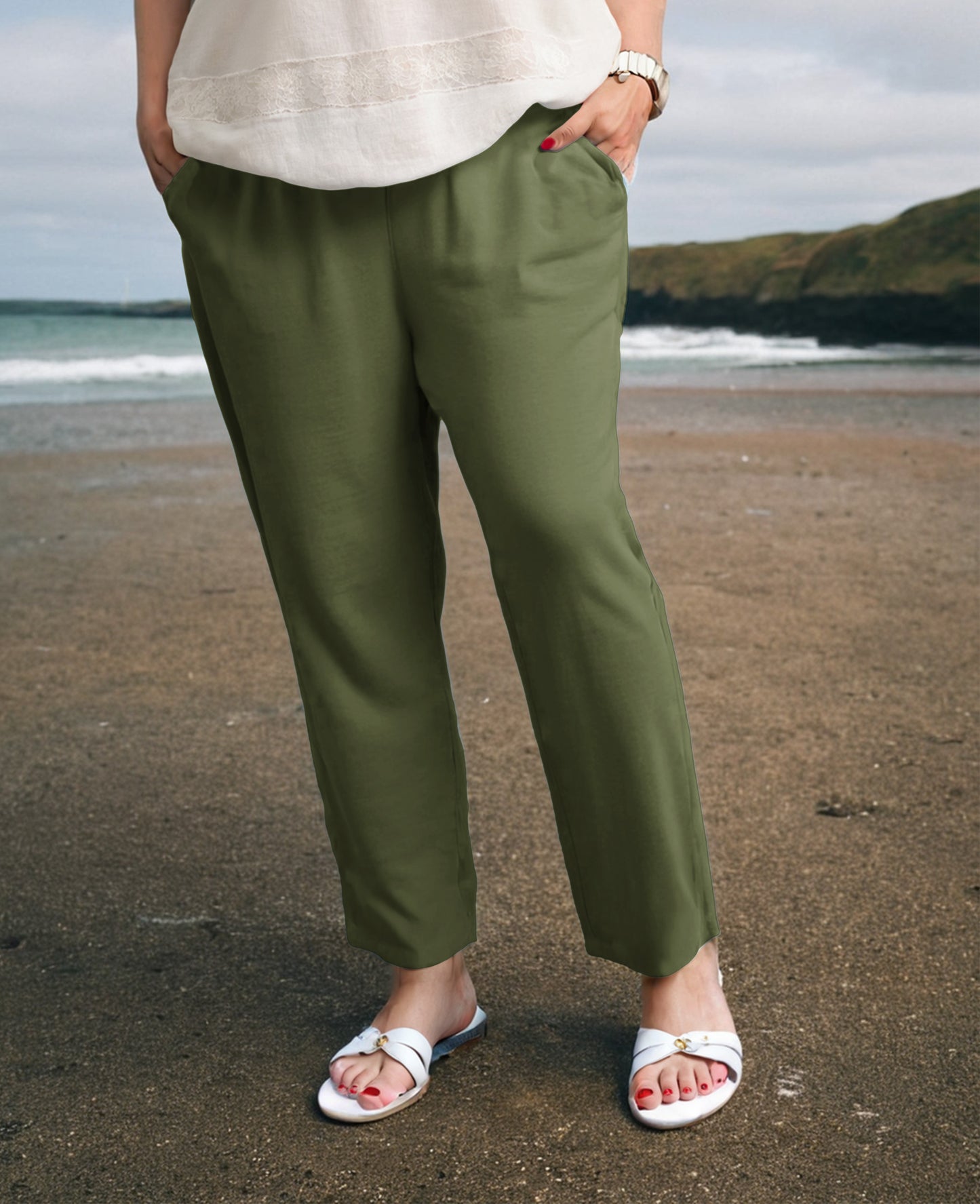 Plus Size Tapered Soft Jersey Trousers ( Wide Leg available too ) [L1447_OLIVE]