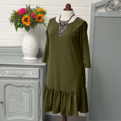 Plus Size Swing Dress with frill in cotton jersey. [L1290_OLIVE]