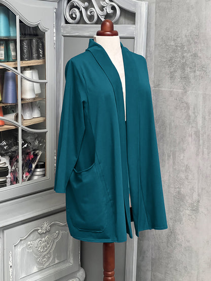 Plus Size Cotton Jersey Loose Longer Cardigan with Pockets  [L1436_PETROL]