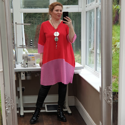 Plus Size V-neck Cotton Jersey Pleated Longer Top Tunic [L1235_RED]