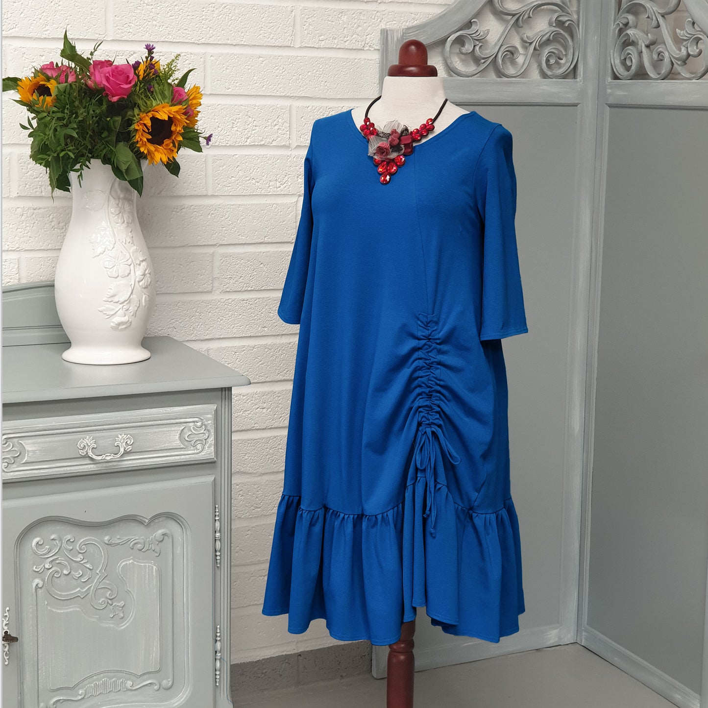 Plus Size Cotton Jersey Swing Dress with Frill [L1271_ROYALBLUE]