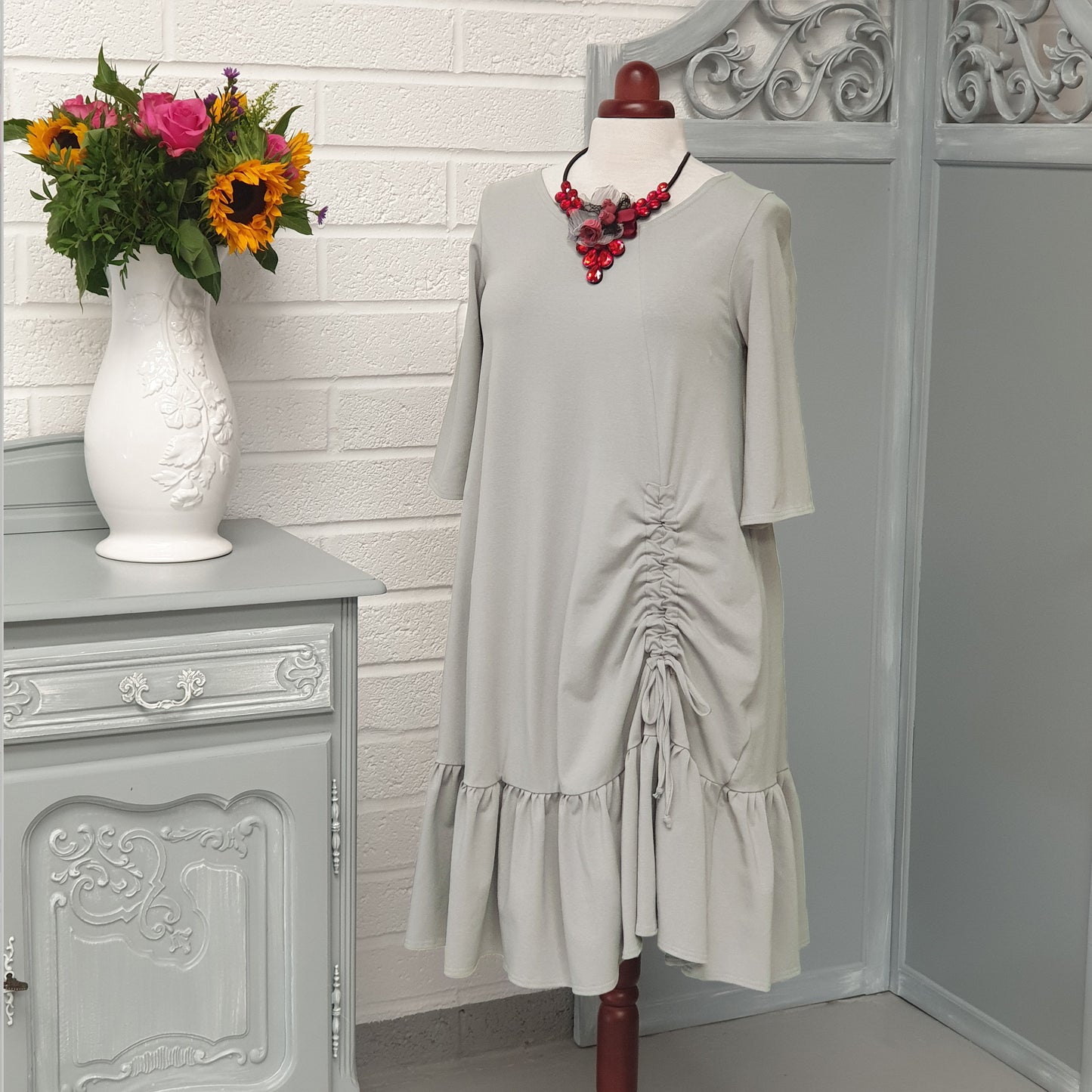 Plus Size Cotton Jersey Swing Dress with Frill [L1271_SILVER]