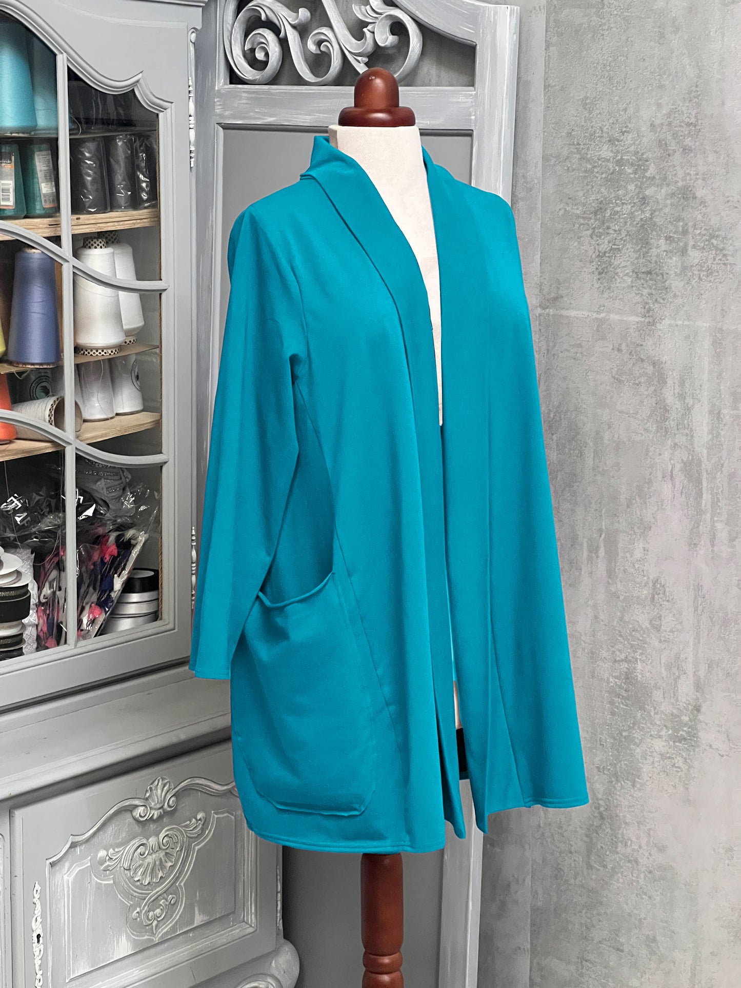 Plus Size Cotton Jersey Loose Longer Cardigan with Pockets  [L1436_TURQUOISE2]